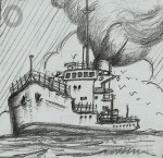 Un vieux cargo en mer pour son dernier voyage. Croquis au crayon scanné imprimé sur toile (40cmx40cm)