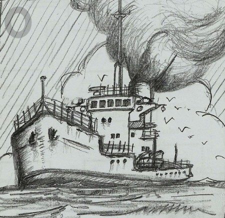 Un vieux cargo en mer pour son dernier voyage. Croquis au crayon scanné imprimé sur toile (40cmx40cm)