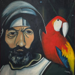 Portrait d'un consquistador avec son perroquet.