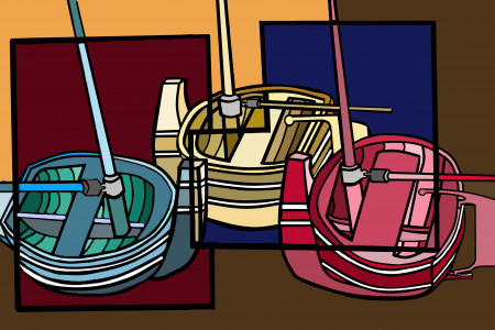 Trois barques stylisées à marée basse.